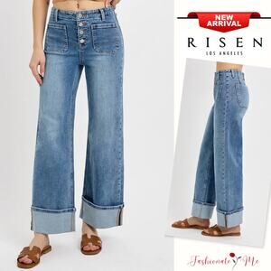 RISEN High Rise Button Fly Patch Pockets Cuffed Hem Medium Wash Wide Leg Jeans